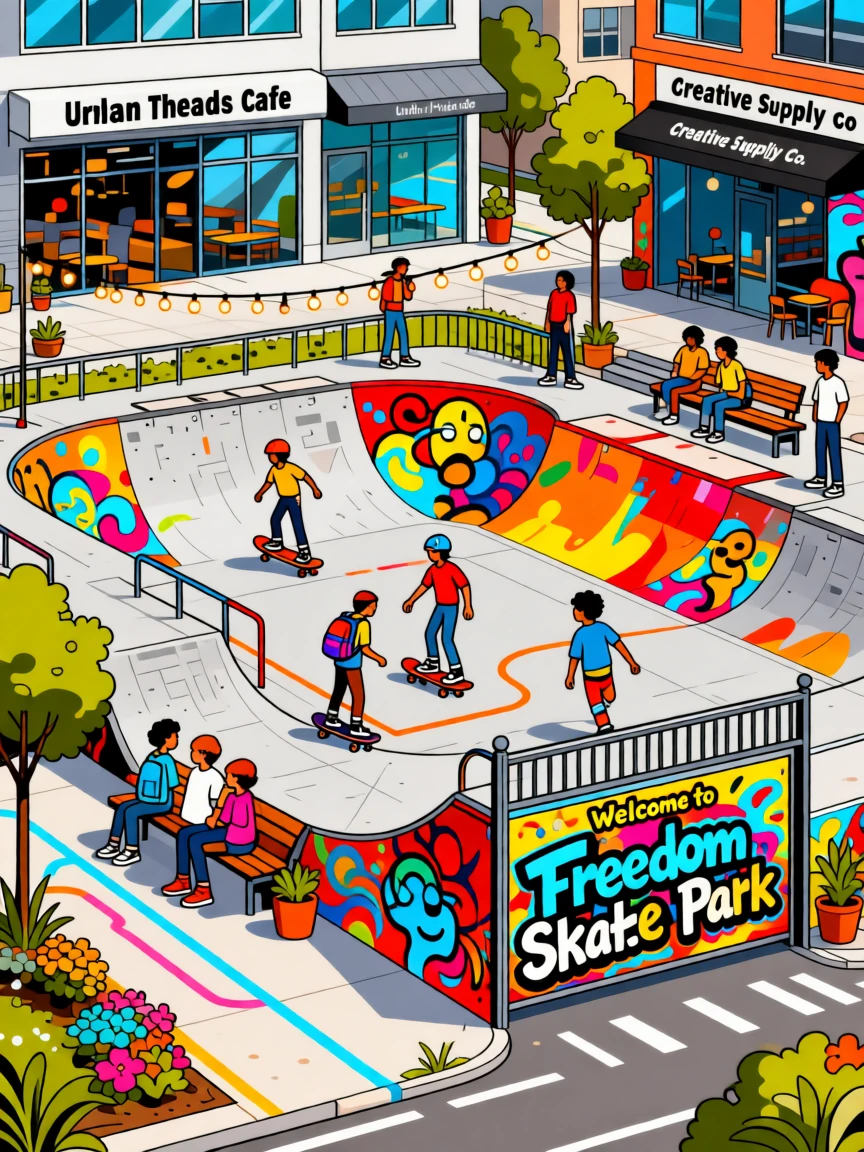 A colorful mural-lined skate park bustling with energy, set within a vibrant, trendy urban neighborhood, framed with a cozy, inviting close perspective, with a sense of community and connection in every detail.