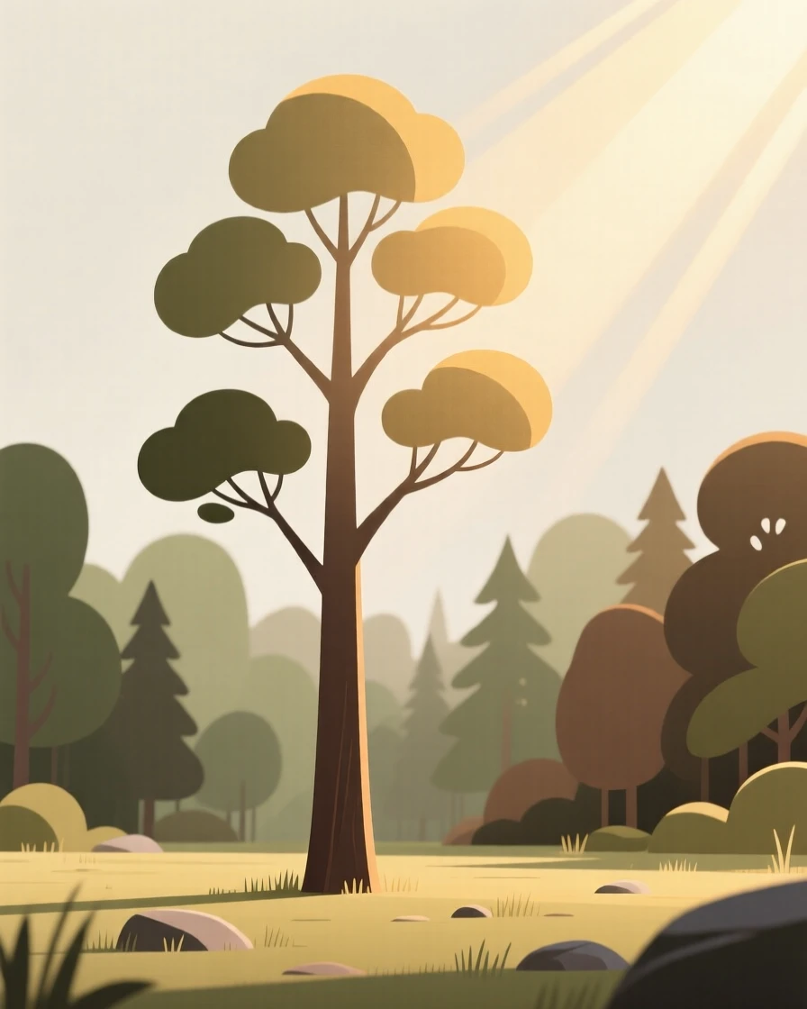 A single tree reaching toward warm sunlight through a forest clearing.