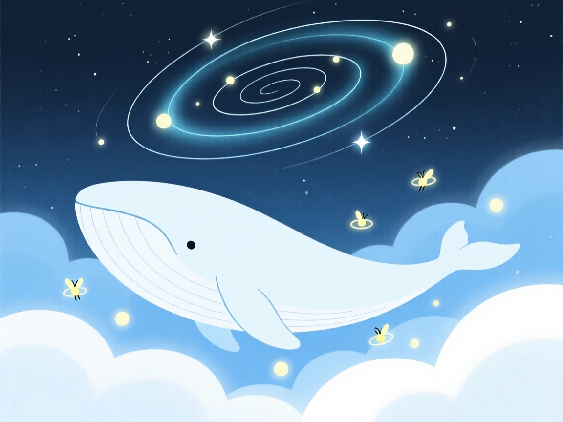 A magical giant whale drifting through clouds nestled within a galaxy swirling overhead, glowing near tiny glowing fireflies, full of gentle magic.