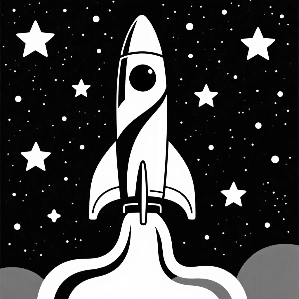 A rocket launching into a starry sky.