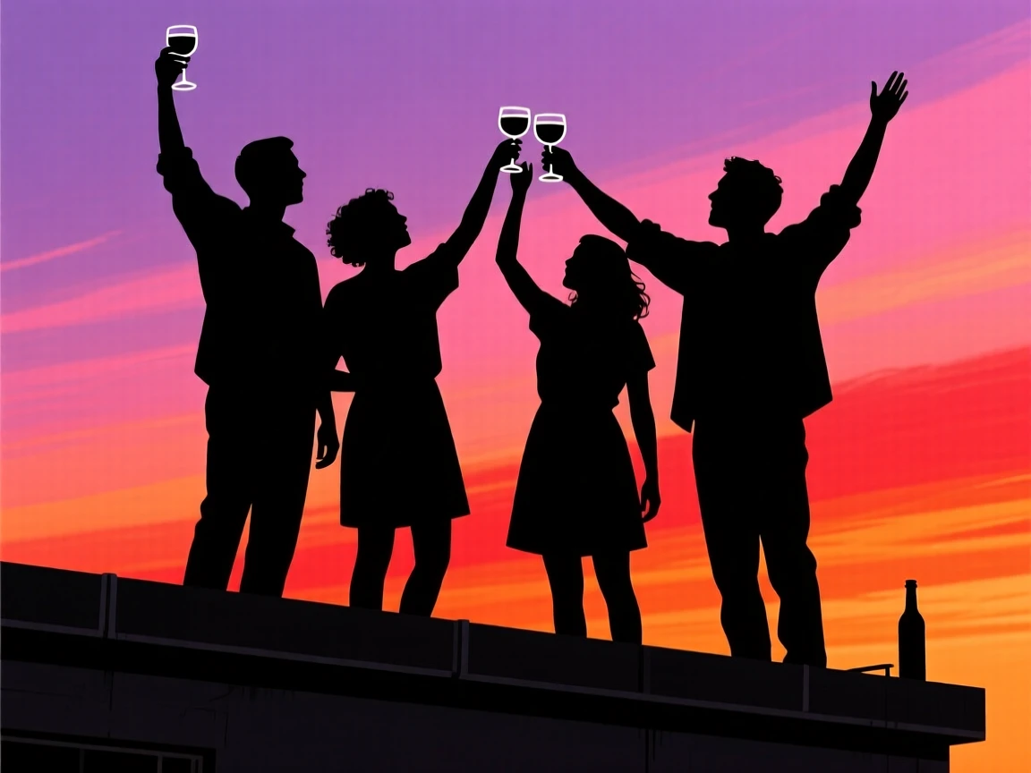 A group of friends toasting glasses together on a rooftop at sunset.