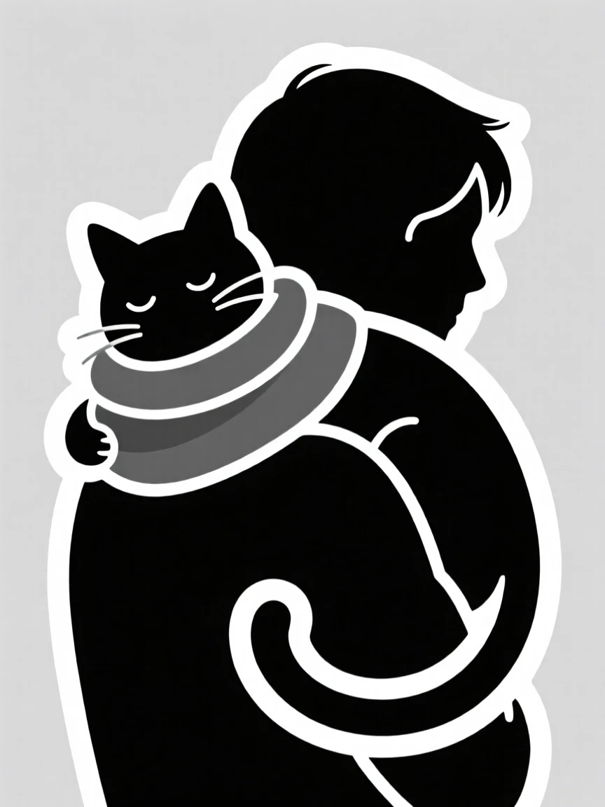 An universally adored cat wrapped around a person's shoulders like a scarf, captured in a candid, feel-good moment, a simple moment that feels universally loved.