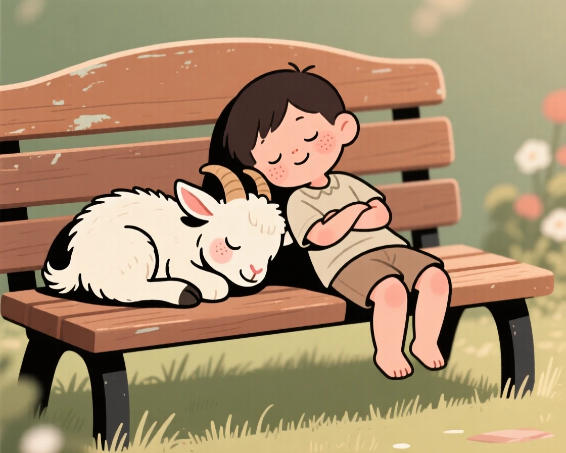 A baby goat curls up beside a sleeping child on a garden bench, both worn out after an afternoon of splashing through shallow waves.