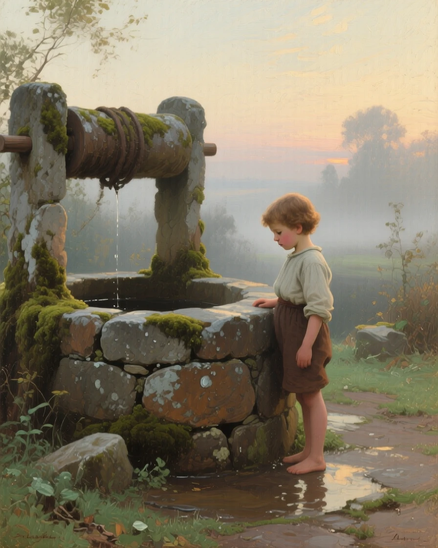 A well-framed scene of a small child beside an old stone well, showing calm determination, in early morning light.