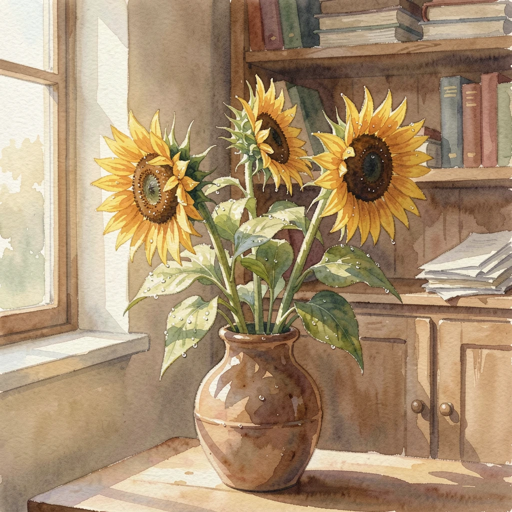 A vase of wild sunflowers in the corner of a cozy study with morning dew on the petals.