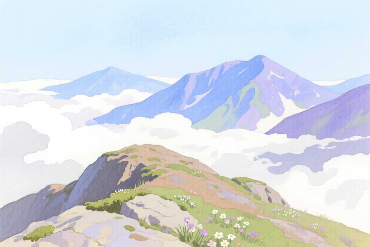 A serene view of a quiet mountain summit, as clouds part to reveal distant peaks, evoking calm and quiet reflection