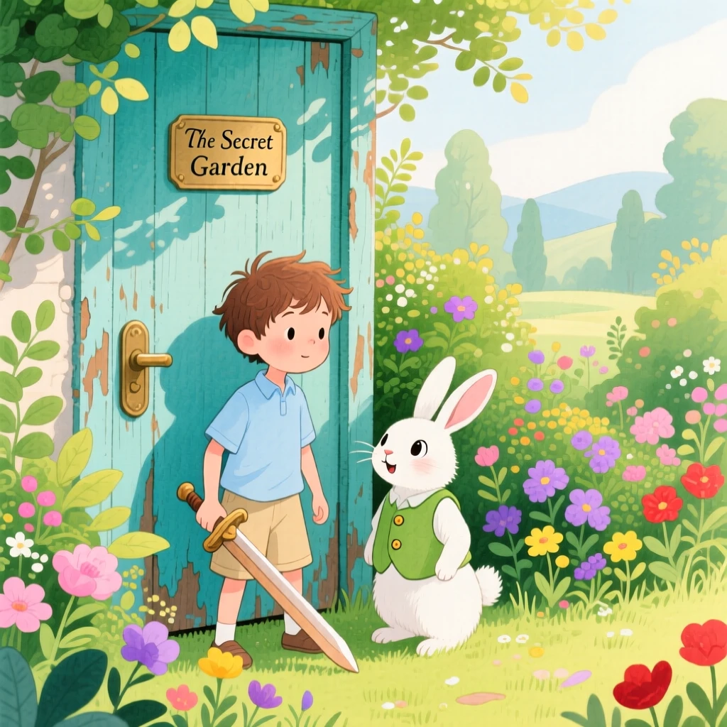 A young boy with a wooden sword and a talking rabbit in a tiny vest exploring a secret garden behind an old door together.