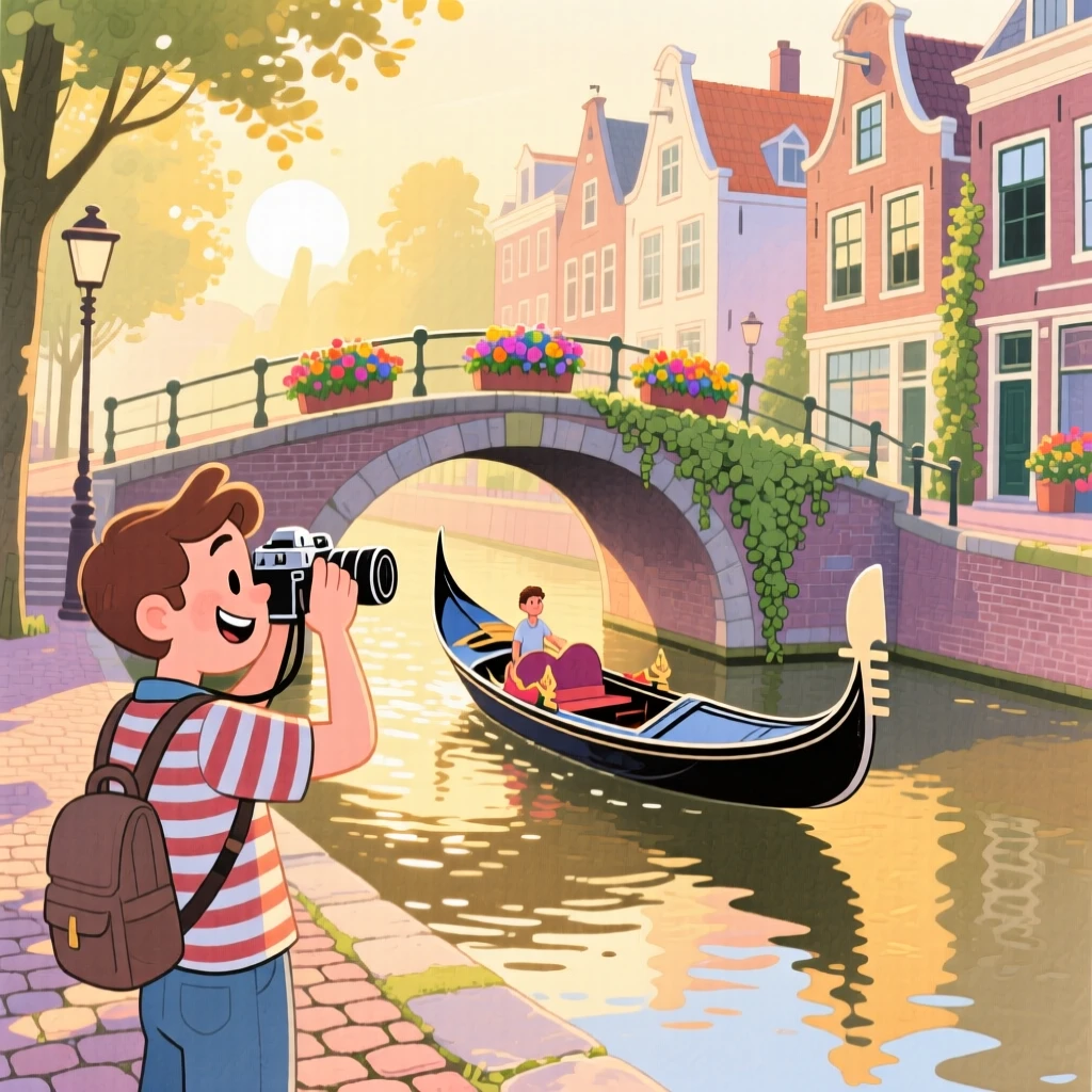 A photographer captures the golden light amid a gondola gliding beneath a bridge in Amsterdam, capturing the wonder of discovering a new place.