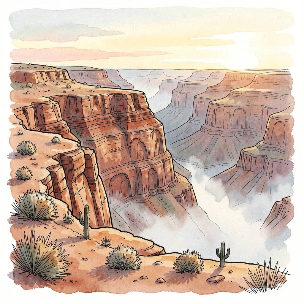 A canyon rim overlooking layers of red and orange sandstone, a soft mist clinging to the low ground as the sun begins to rise.