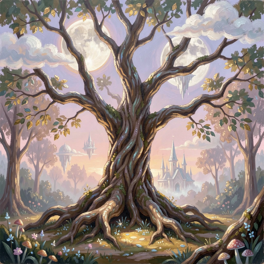 During a soft, glowing dawn, a glowing, ancient tree at the heart of an enchanted forest, beneath a sky filled with twin moons, clouds parting to reveal a hidden realm beyond.