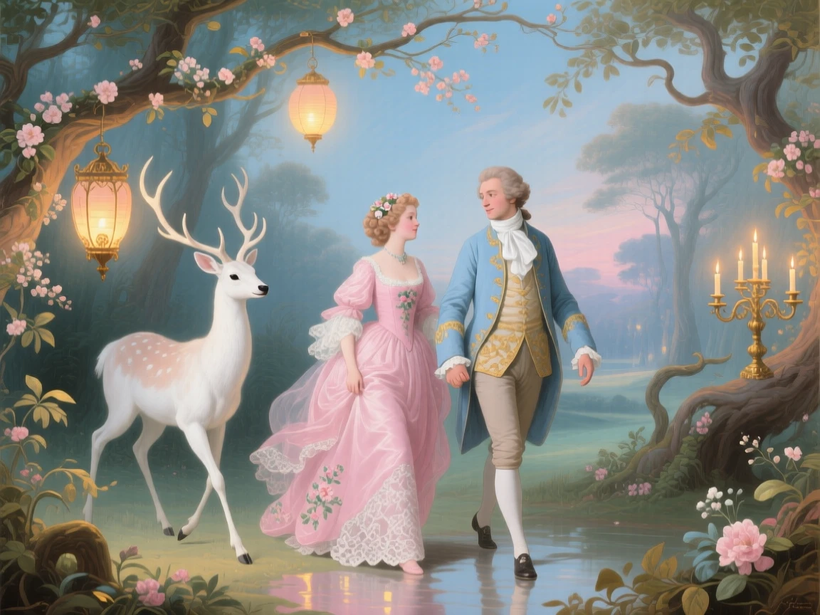 A white deer leading a couple through a lantern-lit enchanted forest  