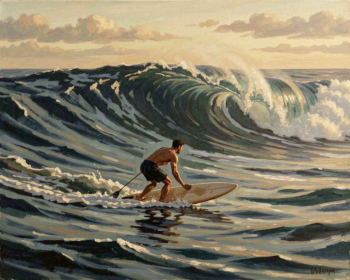 A surfer paddling out toward a perfect wave at golden hour, as the vastness of the destination dwarfs the traveler in scale, radiating the thrill of seeing the world's most incredible places
