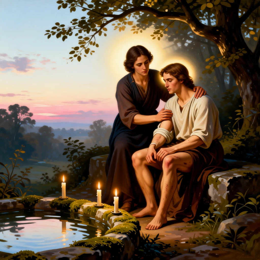 A wounded traveler receiving care and shelter from a compassionate stranger as light seems to answer a silent prayer, set beside a sacred spring reflecting the morning sky, with candles flickering steadily despite an unseen breeze; the composition places the central figure within a halo of natural light, radiating compassion, faith, and gentle hope.