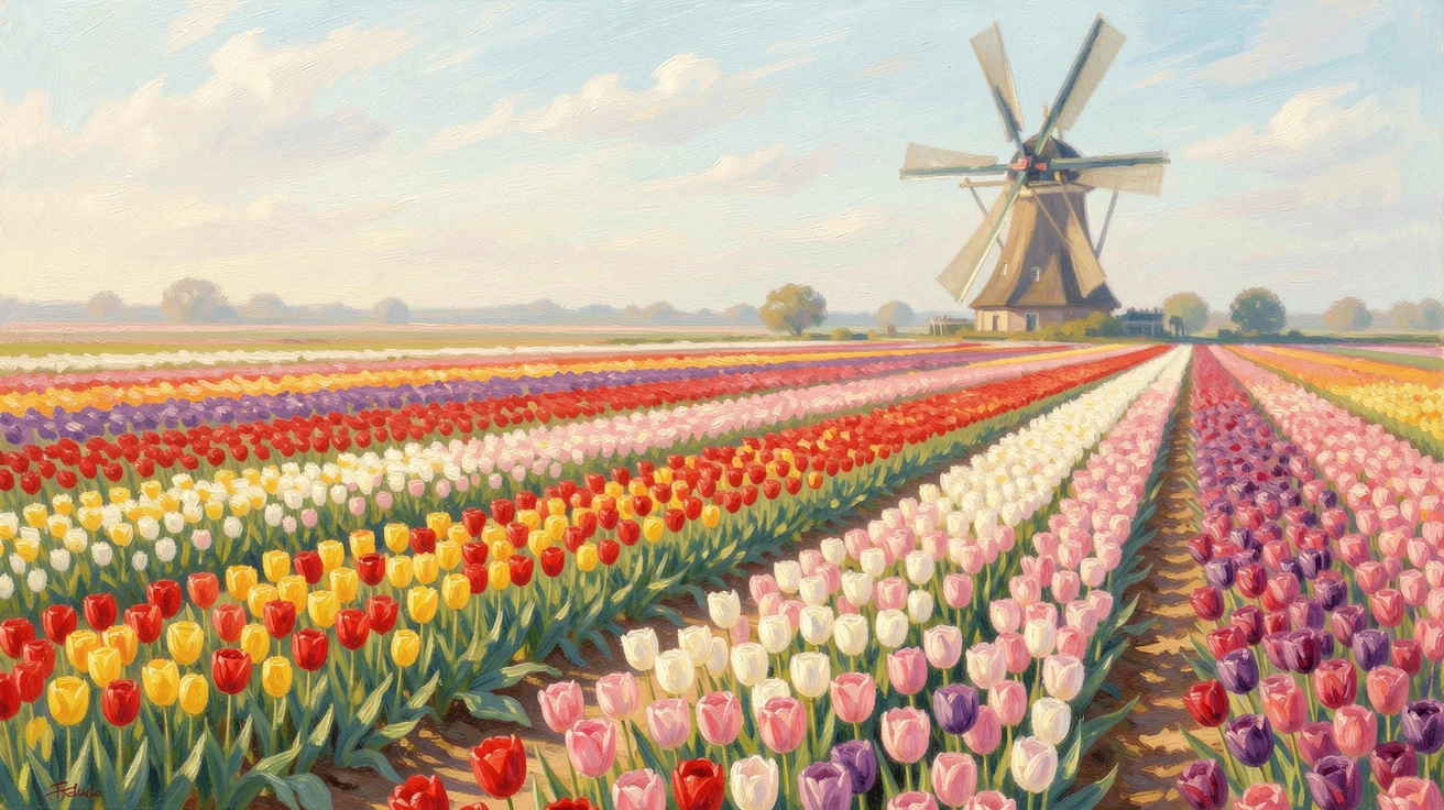 A tulip field in Holland arranged in vivid stripes of color, a distant windmill turning slowly against a pale blue sky, evoking timeless charm and quiet elegance.