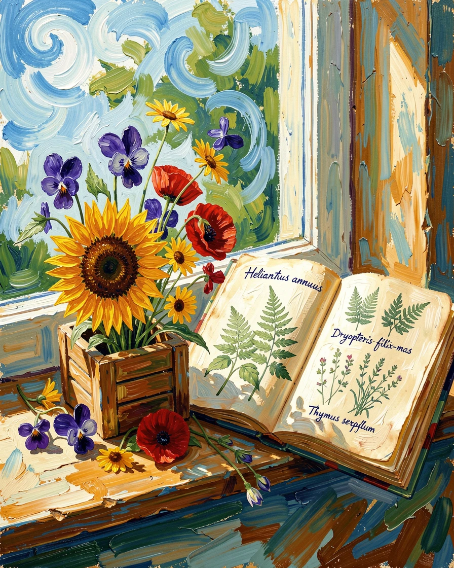 A collection of pressed flowers and an open botanical journal on a windowsill.