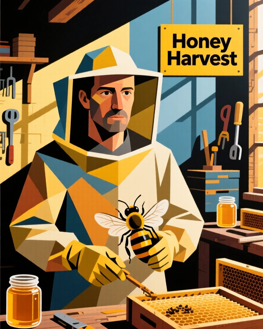 A medium shot portrait of a beekeeper in a sunlit workshop, focused and content in the craft.
