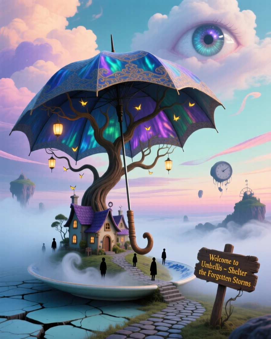An oversized umbrella sheltering an entire tiny village beneath it sits abandoned beneath a sky streaked with soft pastel clouds, as a soft mist curls around its enormous base.