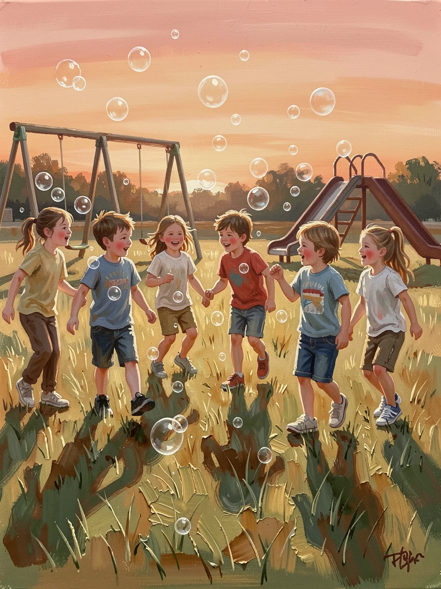 A group of children chase soap bubbles across a sunlit playground, their shadows stretching long across the grass at golden hour, a quiet warmth radiating from the interaction, grounded in small authentic details.