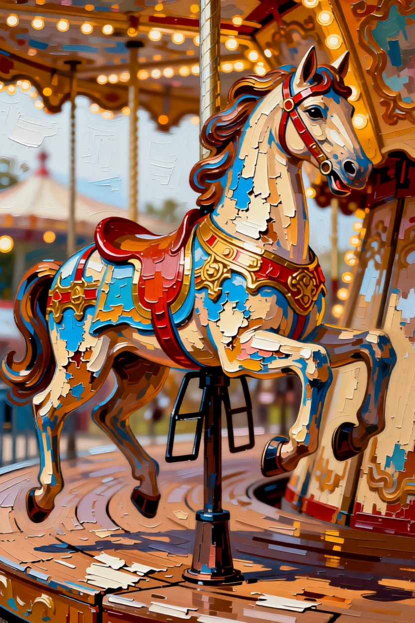 A vintage carousel horse frozen mid-gallop, paint chipped but still beautiful