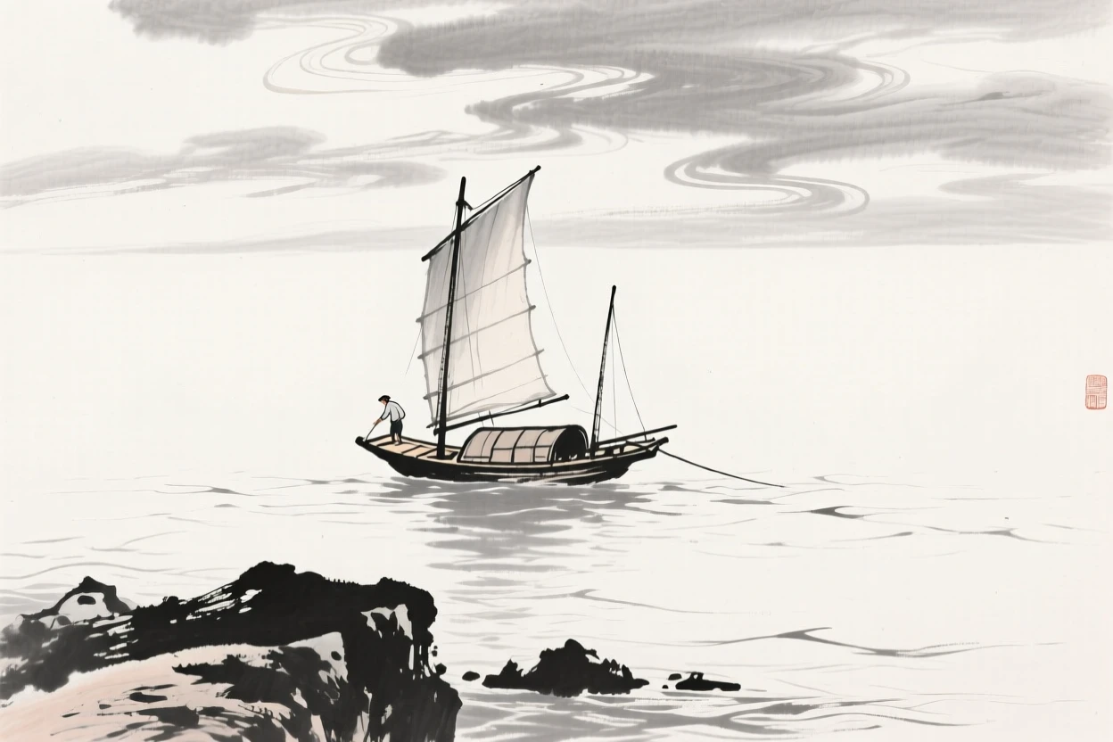 A fishing junk sails across open water beneath a sky full of drifting clouds, as the tide pulls gently back from the rocks.