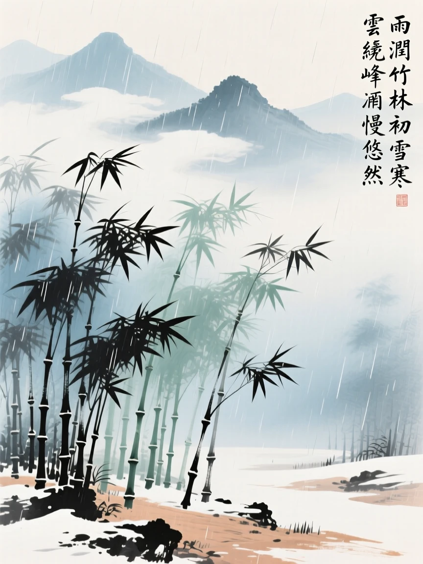 A quiet bamboo grove after a fresh rain, with wisps of cloud drifting slowly through the peaks, brimming with peaceful contentment, under the first snow of winter, in a gentle drizzle.