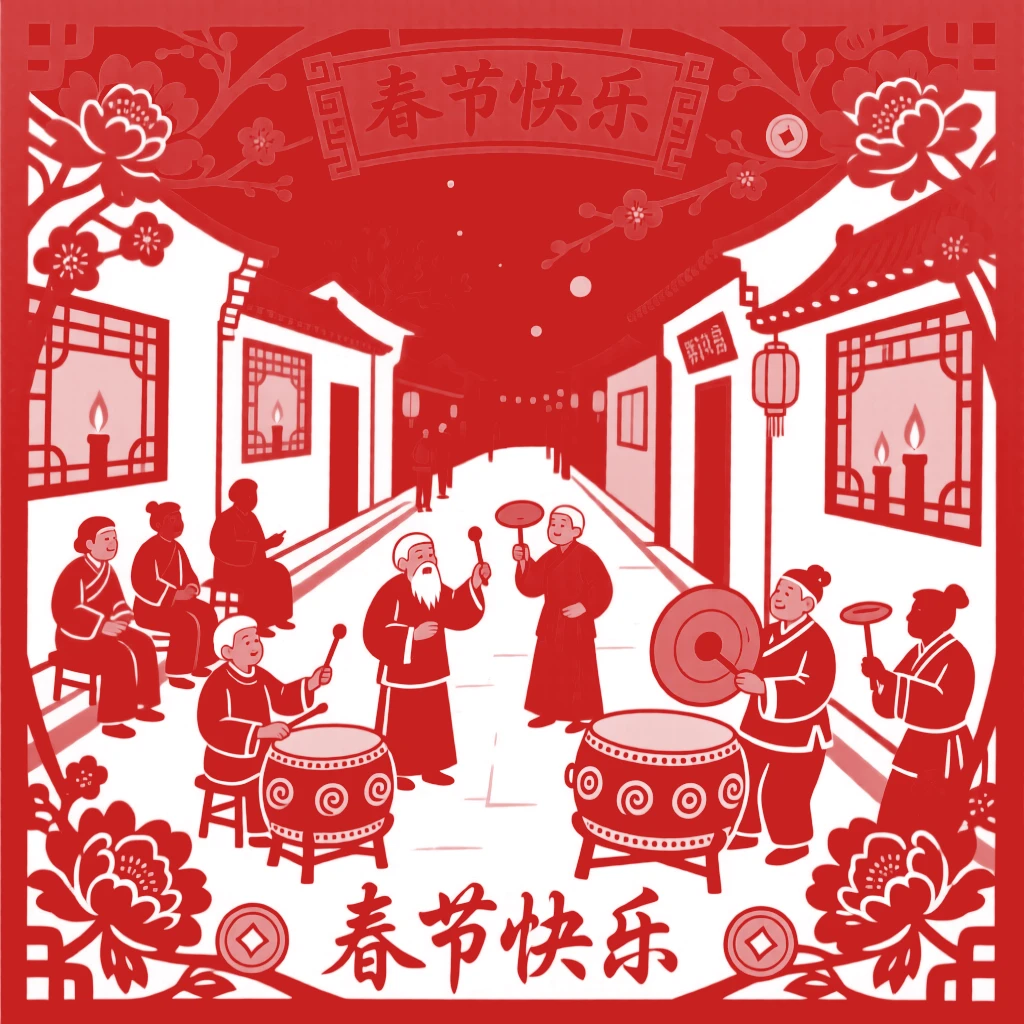 A scene of a street parade with drums and cymbals, as elders share stories of festivals long past, with the glow of candlelight reflected in every window.