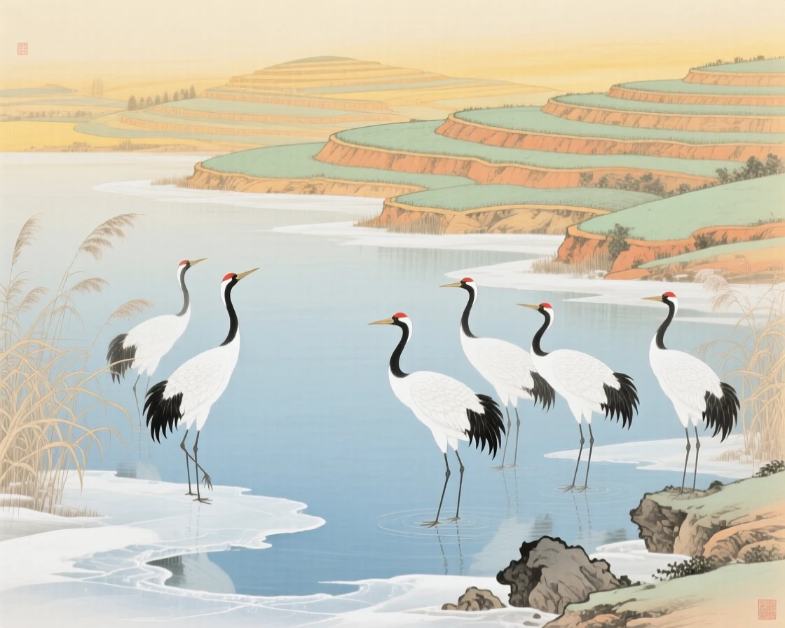 A frozen lake with cranes standing at its edge, soft golden light spilling across the terraced fields