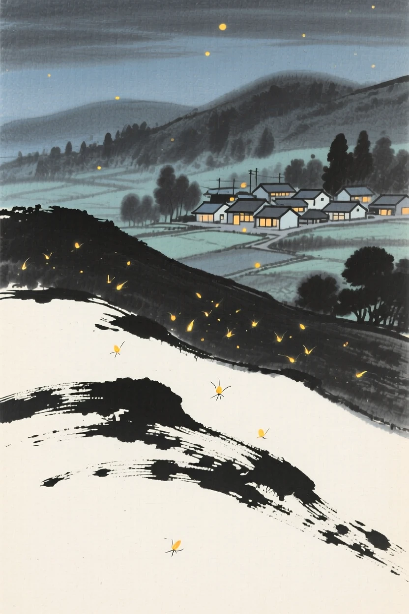 A summer evening filled with the glow of fireflies on a hillside overlooking the village below, balanced between soft shadow and warm points of light, capturing the quiet magic of a changing season.