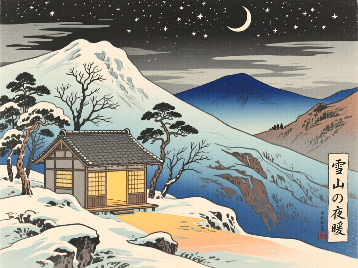 A warm glow spilling from a lone window in a snowy forest, on a windswept mountain ridge.