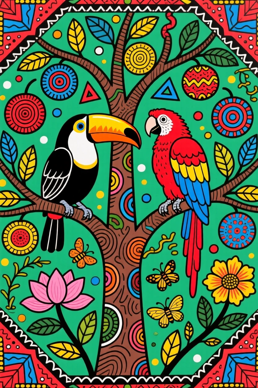 A toucan and macaw sharing a fruiting tree in the canopy.