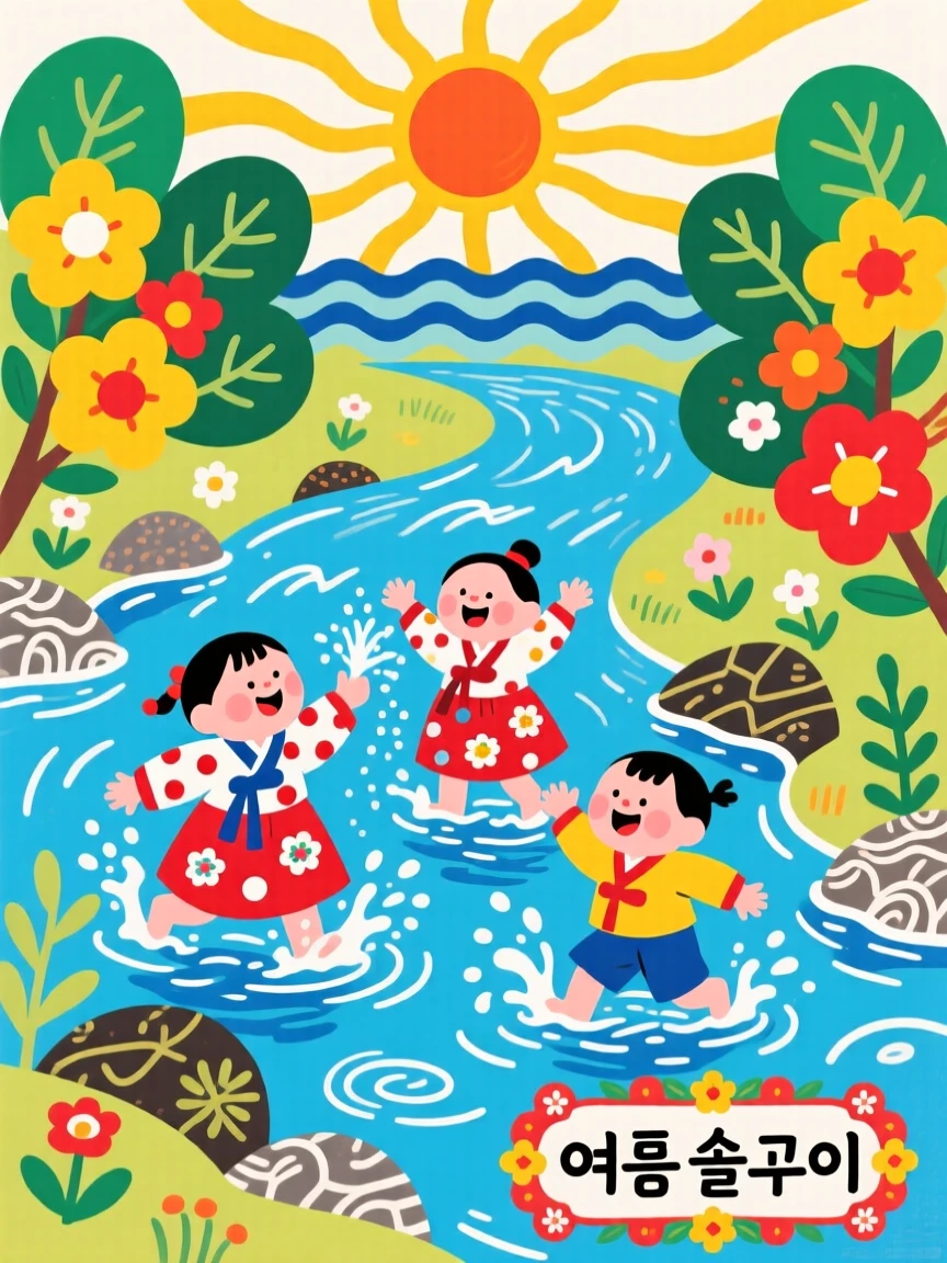Children splashing in a shallow stream on a summer day beside a gently flowing river.