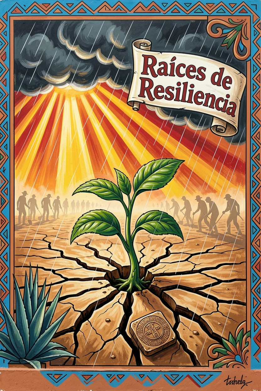 A single seedling breaking through cracked desert earth after rain