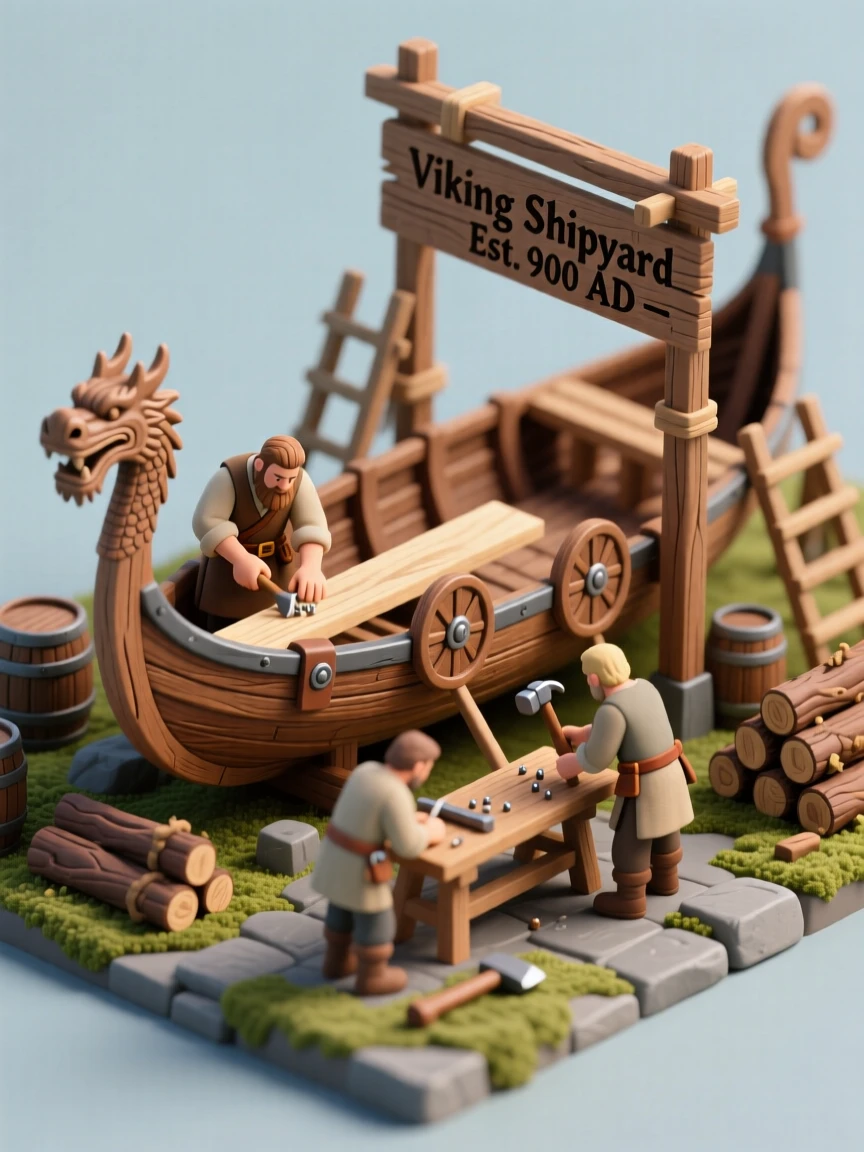 An ancient Norse shipbuilding yard with a longship under construction, craftsmen carving a dragon figurehead for the bow.