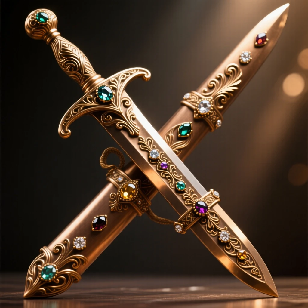 An ornamental sword sheathed in a jeweled scabbard, catching the light with rich, warm reflections, radiating elegance and refinement