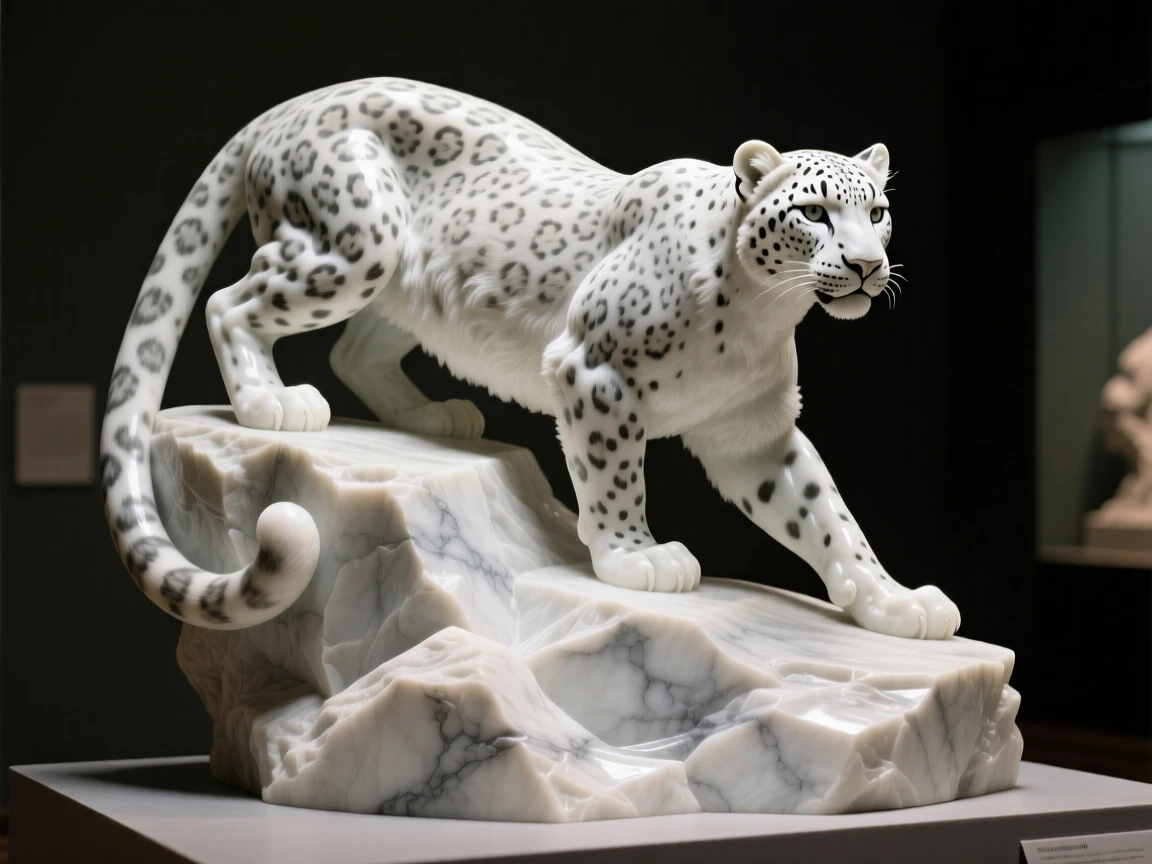 An evocative depiction of a snow leopard perched on a rocky outcrop, surrounded by soft, glowing light, balancing detail with emotional depth