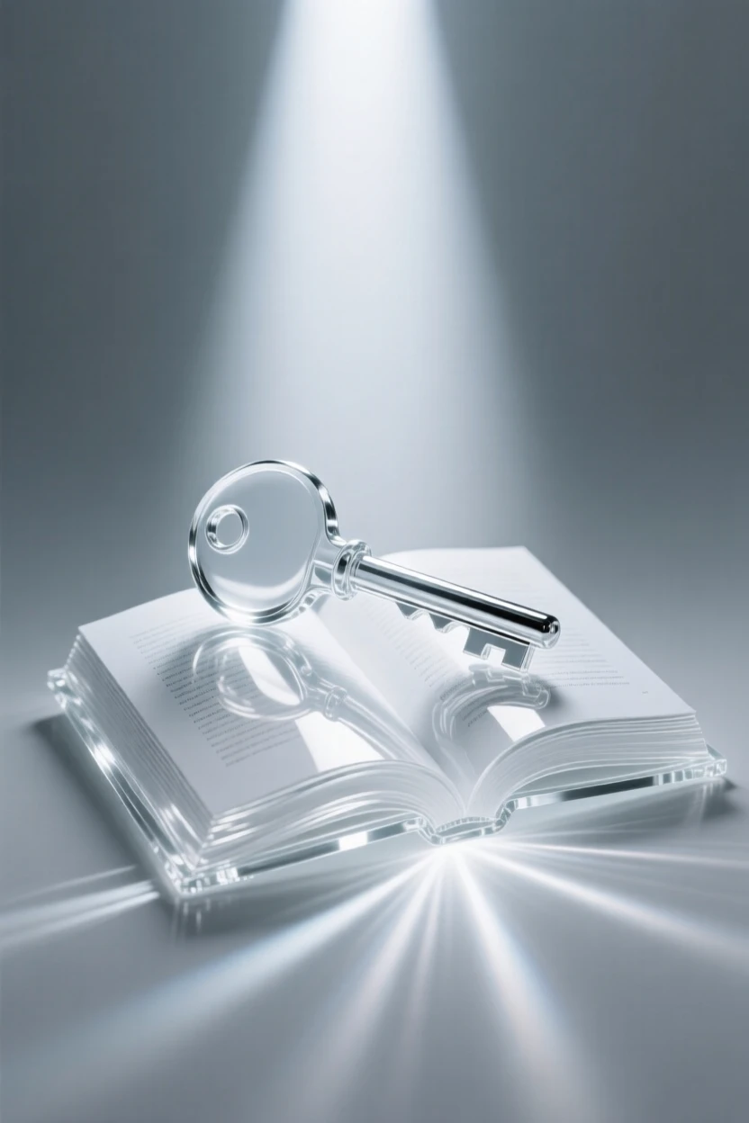 A key resting atop an open book beneath a beam of light while light seems to pulse gently outward from the center