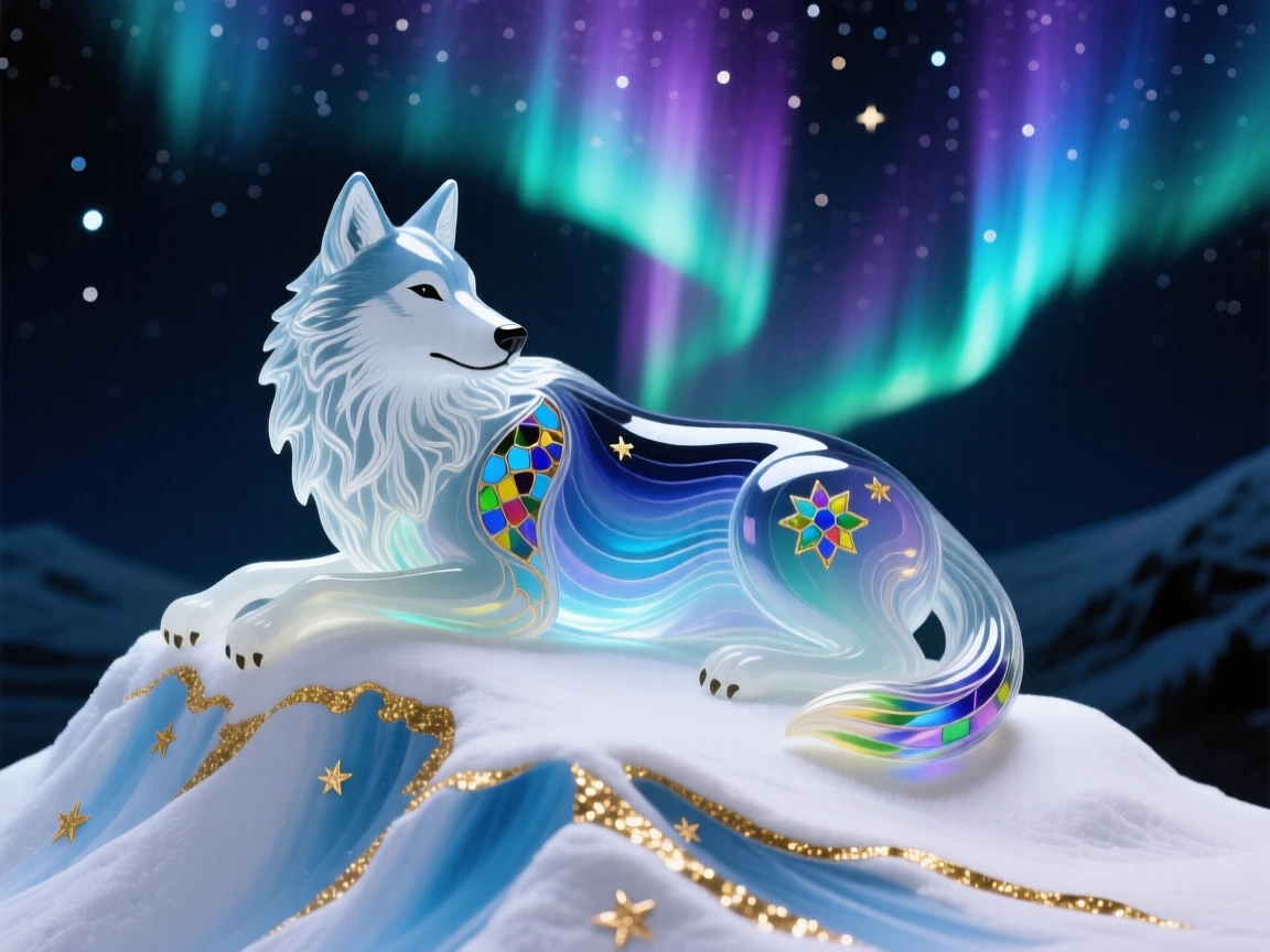 A lone wolf resting atop the highest snowy ridge beneath the most shimmering aurora at midnight, majestic and serene.