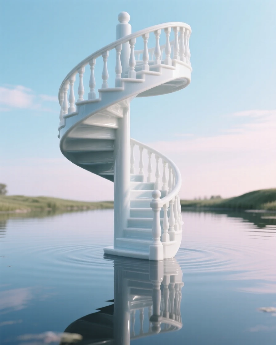 A surreal composition where a spiral staircase rises out of a still pond into the sky, the scene calm despite its impossible logic.