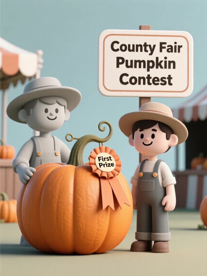 A proud young farmer shows off a prize-winning pumpkin at the county fair, ribbon pinned proudly to its vine.