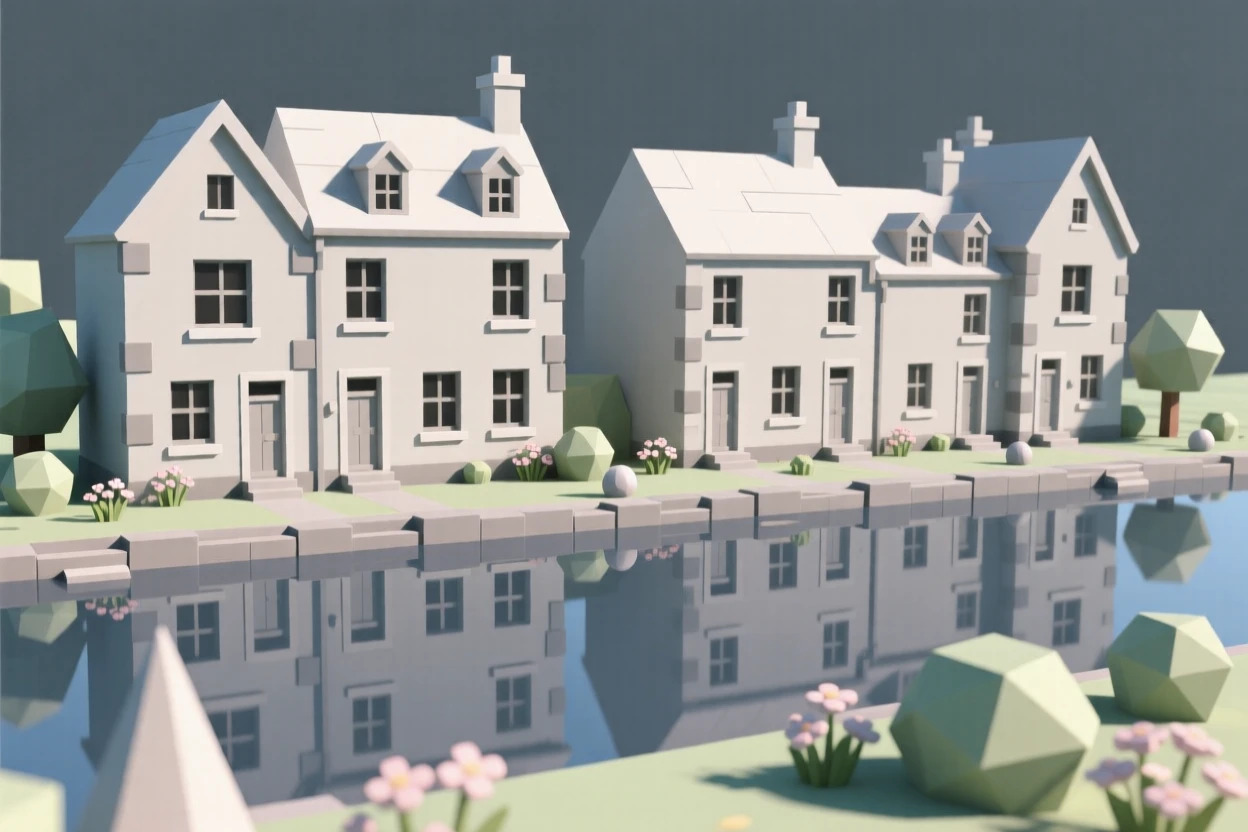 A row of vibrant canal houses reflected in still water, surrounded by blooming spring gardens. vibrant color accents contrast against neutral stone. The scene feels timeless and charming.