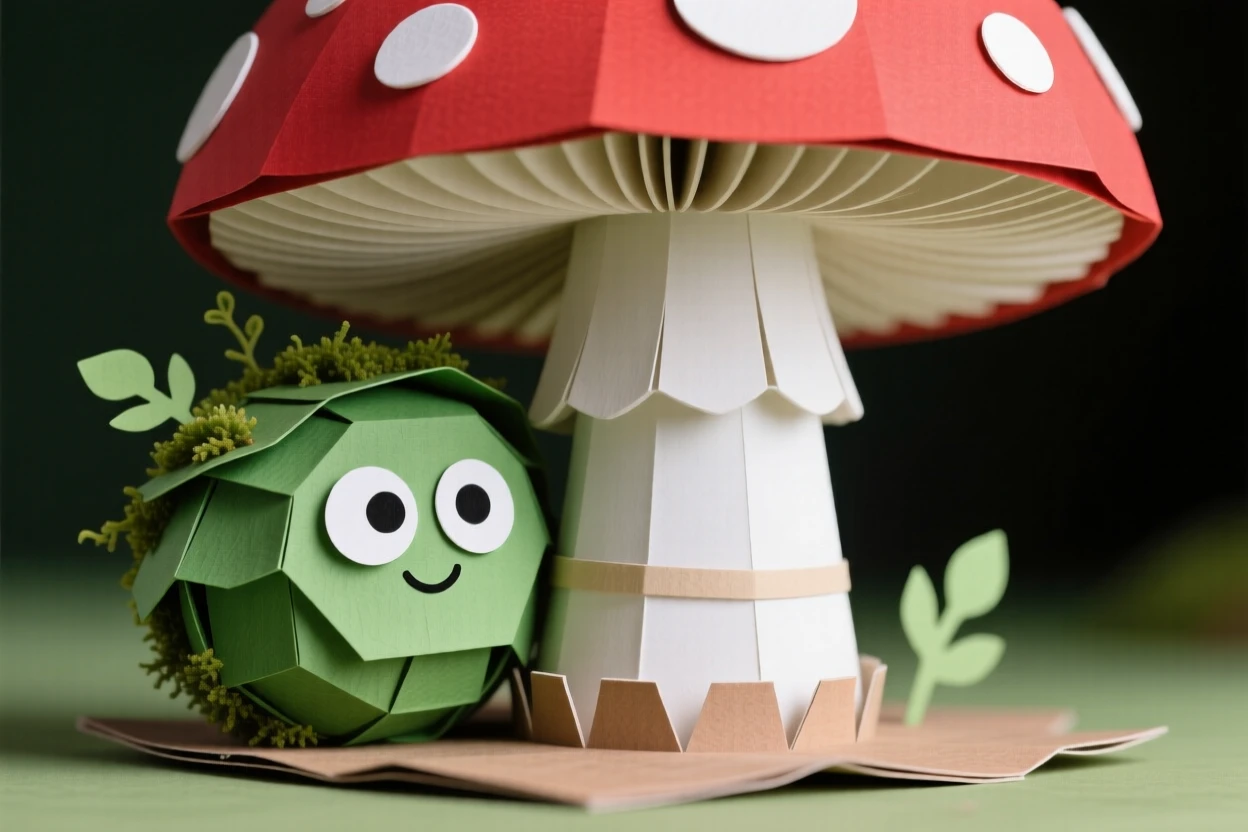 A tiny round moss spirit peeking out from behind a giant mushroom, with a comically cross-eyed expression, capturing joyful, lighthearted wonder.