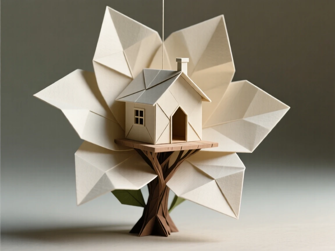 A treehouse perched inside a single giant blooming flower suspended above the ground.