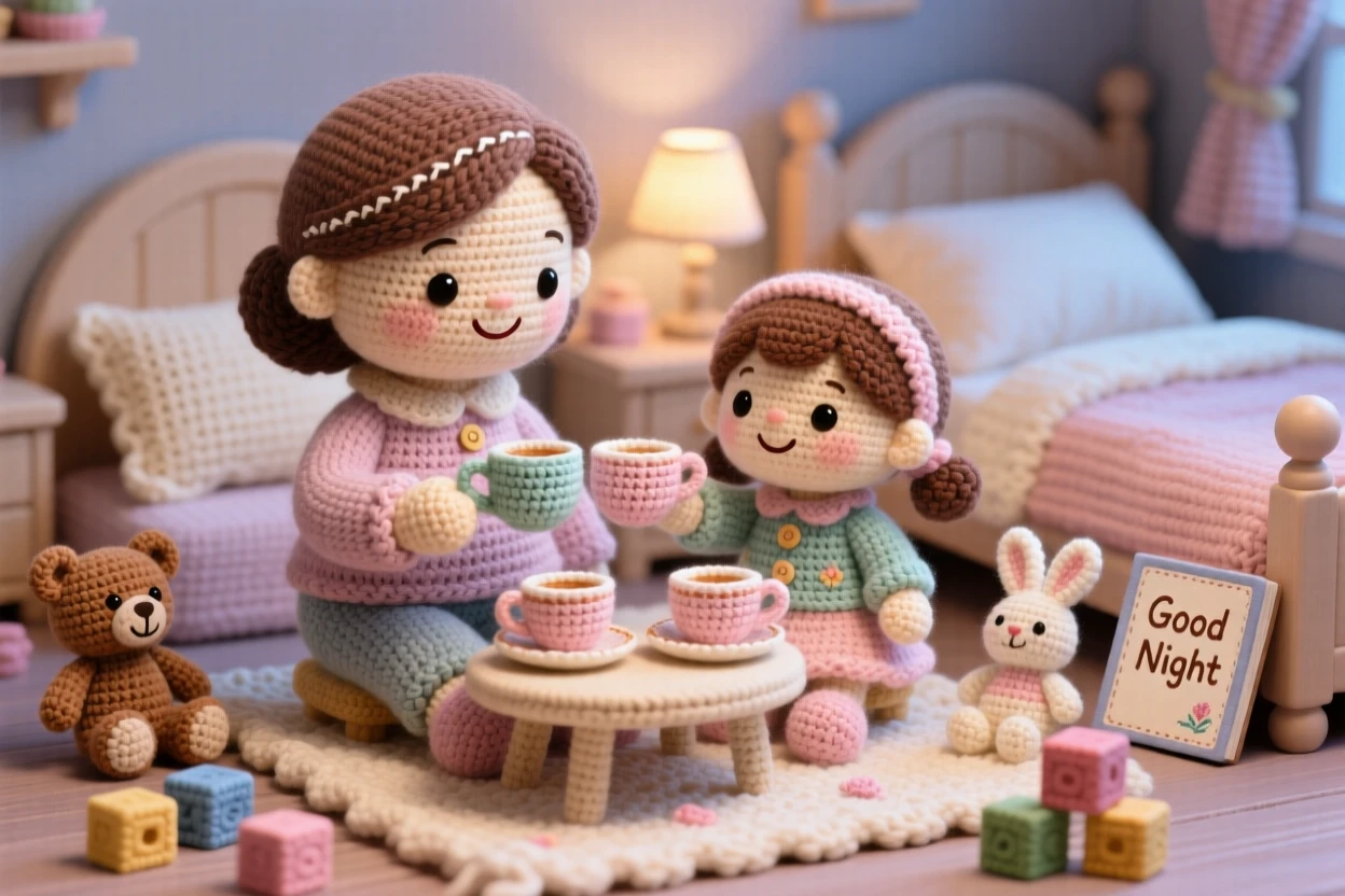 a mother and daughter having a tea party, with tiny cups and saucers, is captured clinking cups together in a toast in a cozy bedroom decorated for a good night's sleep beside a scattering of toys tidied nearby, showing heartfelt closeness and shared happiness.