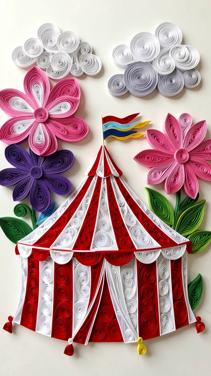 a circus tent with striped patterns and flags on top, beneath a canopy of oversized flowers, composed with a fun, exaggerated sense of scale, with soft fluffy clouds drifting by.