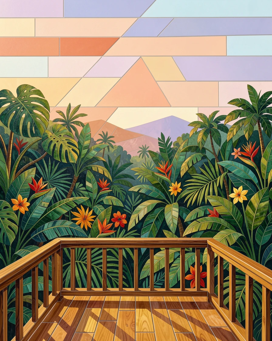 A tropical rainforest canopy viewed from a high wooden lookout, beneath a sky painted in pastel sunrise hues.