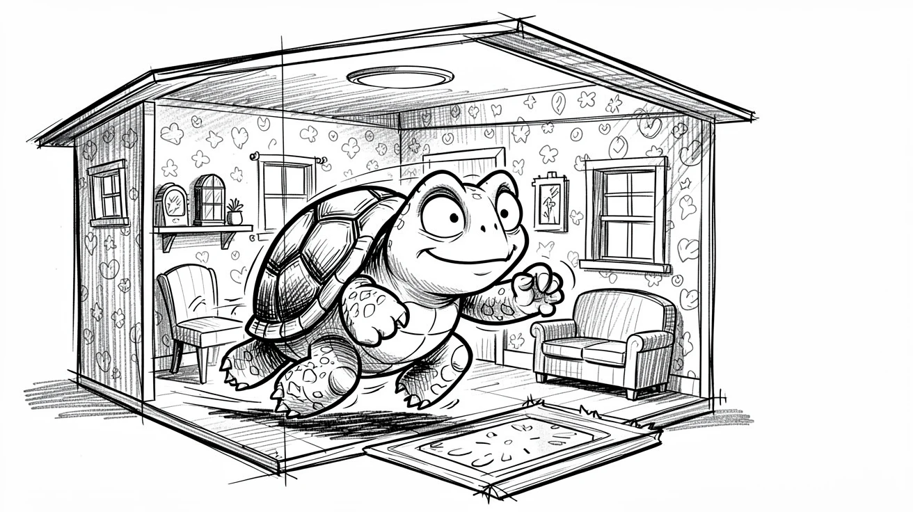 A turtle winning a race by taking a clever shortcut inside a cozy dollhouse.