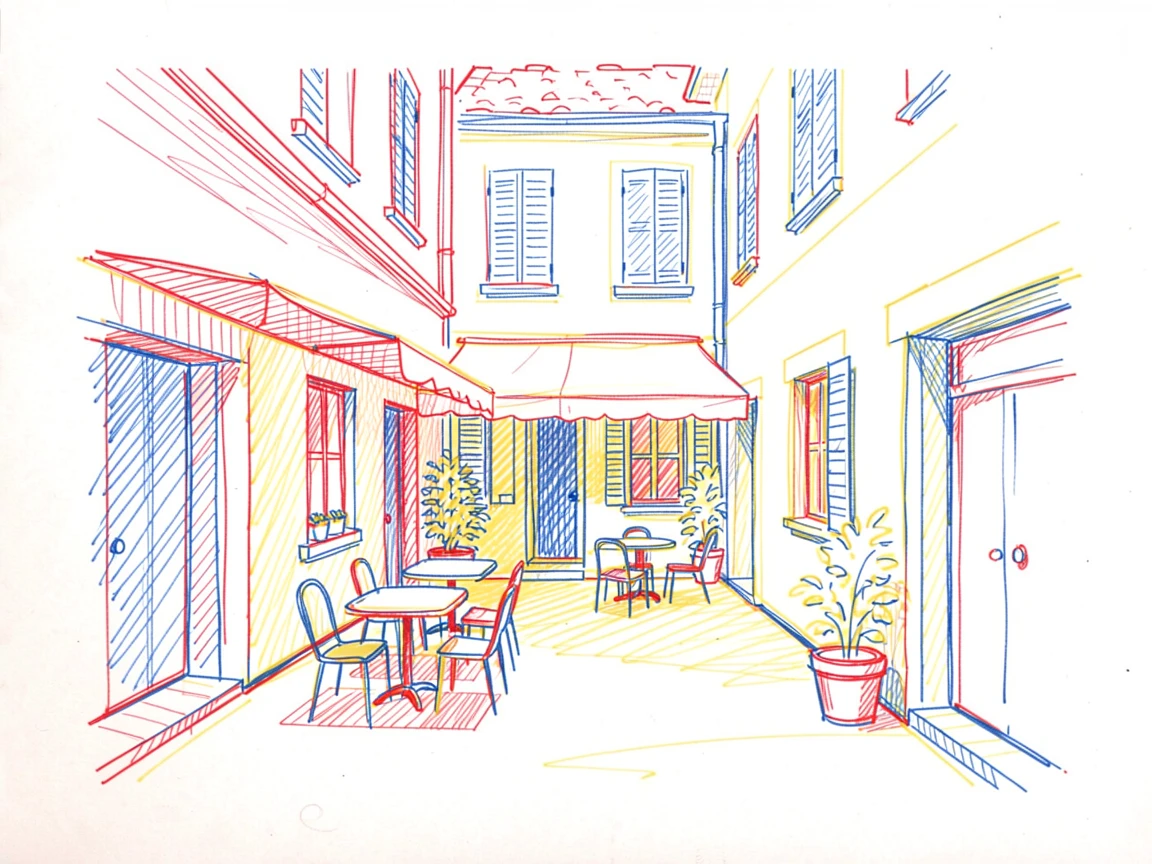 A quiet courtyard café tucked between historic buildings