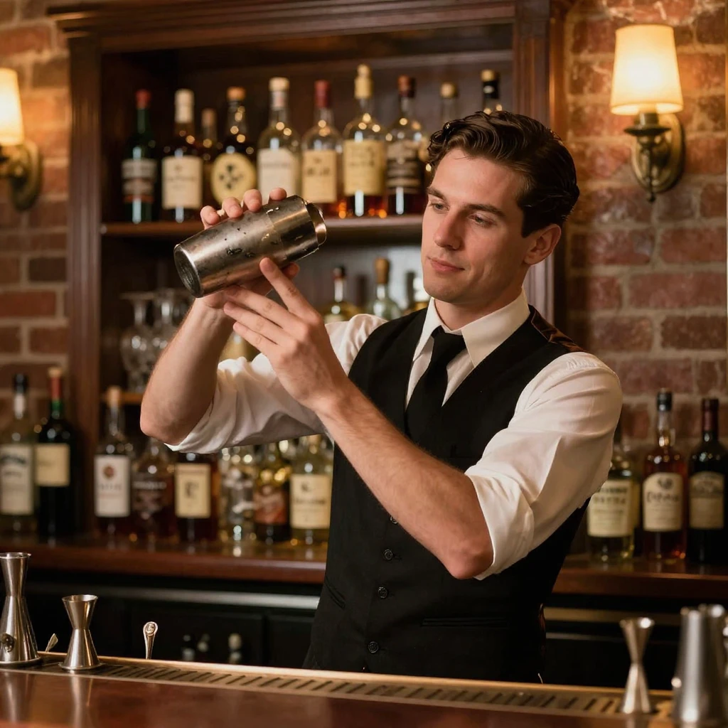A speakeasy bartender shaking a cocktail with flair