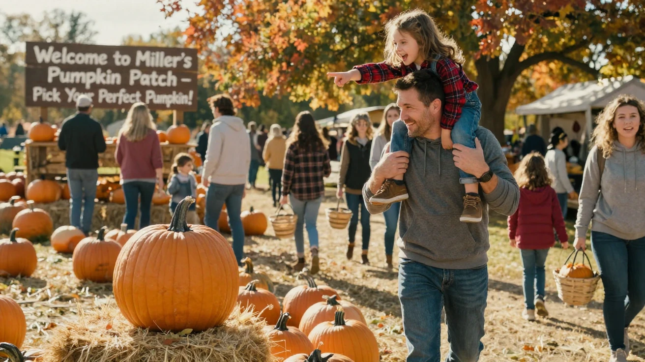 A child rides on her father's shoulders through a pumpkin patch, pointing excitedly at the biggest pumpkin.