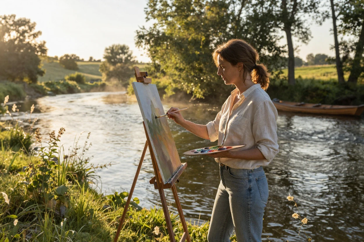 A painter at an easel moving in perfect harmony with one another along the banks of a wide river